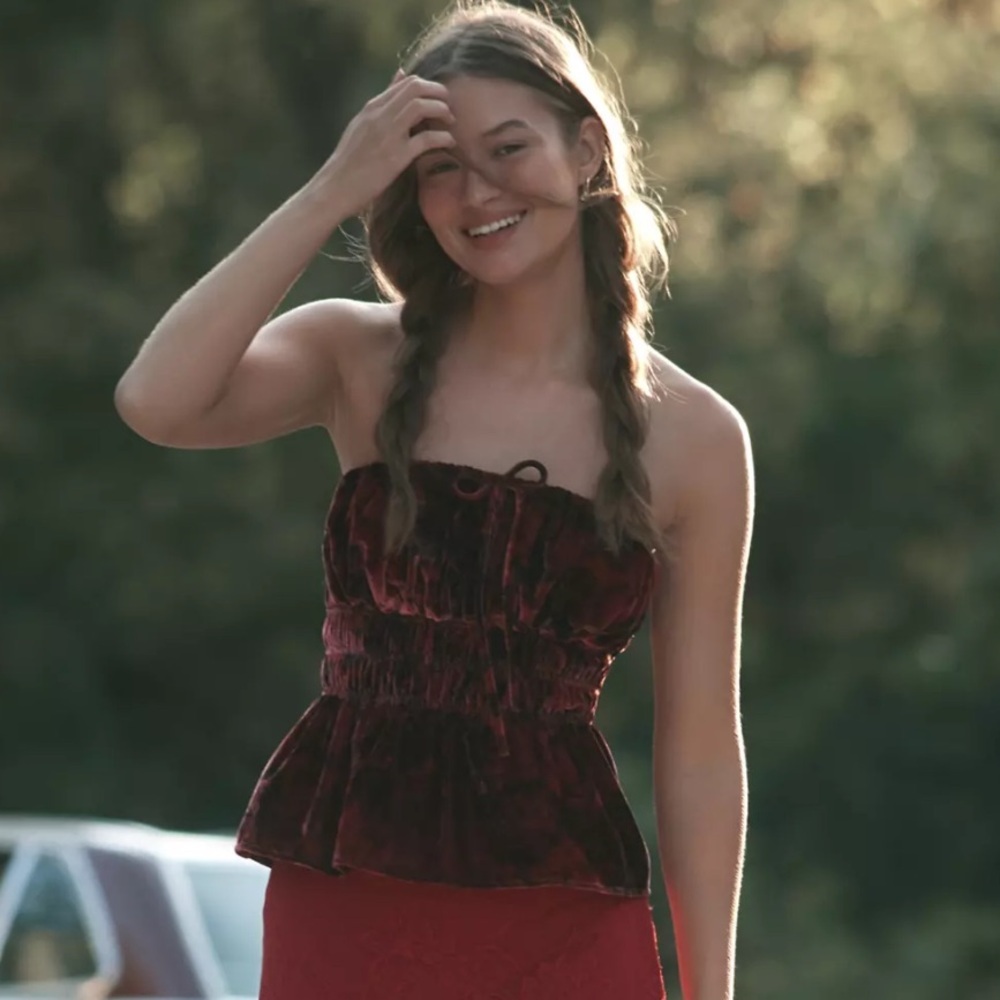 Anthropologie Burgundy Velvet Strapless Peplum Top